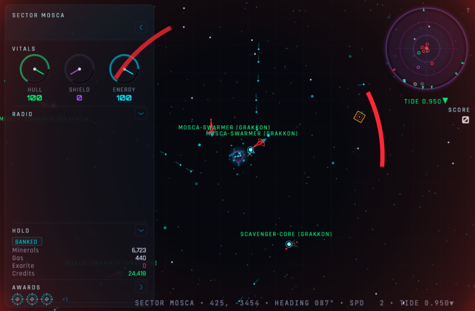 Field capture: a fight breaking out in SECTOR MOSCA — swarm contacts on radar, the Fly's red arcs sweeping the frame, and shields reading zero.