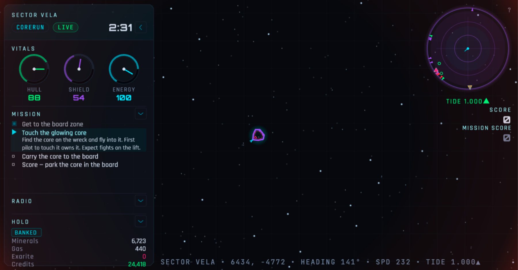 Field capture: in-flight over SECTOR VELA mid-CORERUN — hull, shield, and energy dials live, the mission log tracking a contested core, and the nav strip reading live position, heading, speed, and Tide reading.