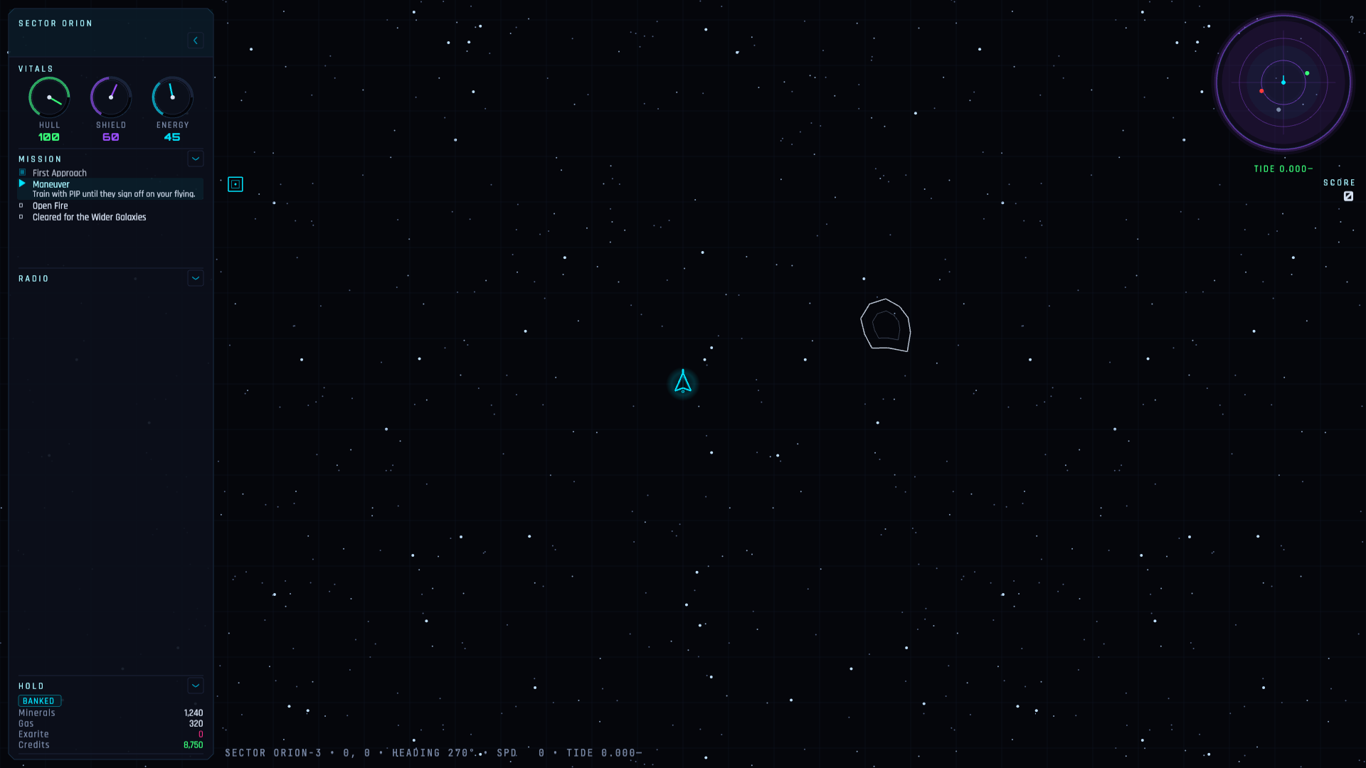 Field capture: in-flight telemetry — hull, shield, radar, and mission log, all live.