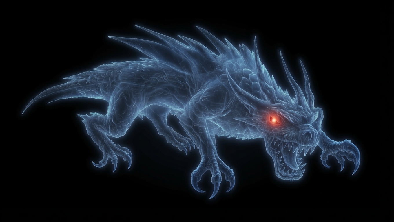 Exhibit plate: the Eternal Warden as some chartmakers render him — a ghost-blue beast, one burning red eye, the ground gone black beneath him.